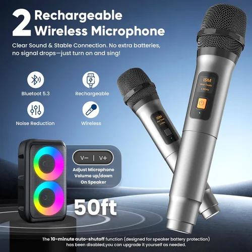 Miniatura 4 de Máquina de karaoke para adultos y niños, altavoz Bluetooth portátil con 2 micrófonos inalámbricos, modo TWS y luz LED, sistema PA de batería de 10