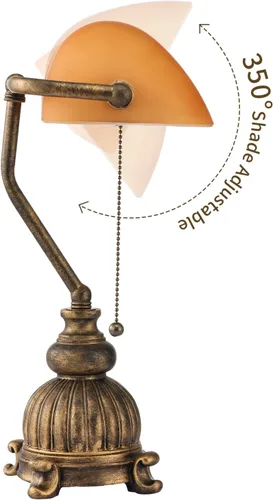 Miniatura 7 de Lámpara de Escritorio de Banqueros Retro de Cristal Ámbar con Interruptor de Cadena de Tirar para Oficina en Casa, Biblioteca, Accesorio Enchufable