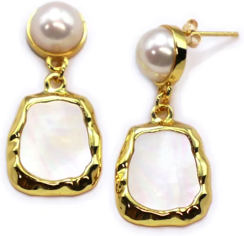 Aretes colgantes de plata de ley 925 chapados en oro de 24 quilates de 9 a 0.374in con botón cultivado en agua dulce blanca y nácar para mujer,