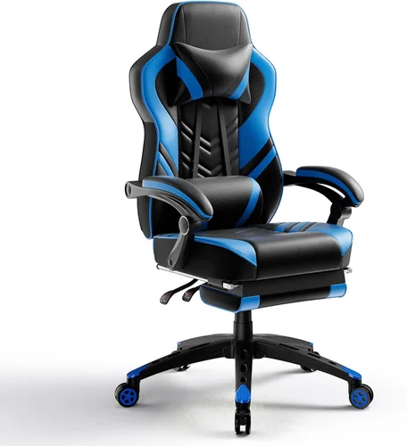 Miniatura 12 de POWERSTONE Silla de videojuegos con reposapiés y soporte lumbar, estilo carreras, piel sintética, ergonómica, ajustable, giratoria, color negro