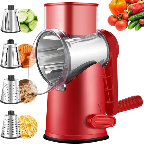 Miniatura 9 de Weltonhm Ralladores rotativos de queso con 4 cuchillas, rallador de queso de manivela con rebanador de gofres, triturador de queso rojo, negro