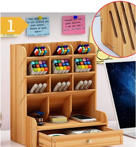 Miniatura 3 de Hggzeg Organizador de escritorio de madera, multifuncional, soporte para bolígrafos, caja de almacenamiento estacionario de escritorio
