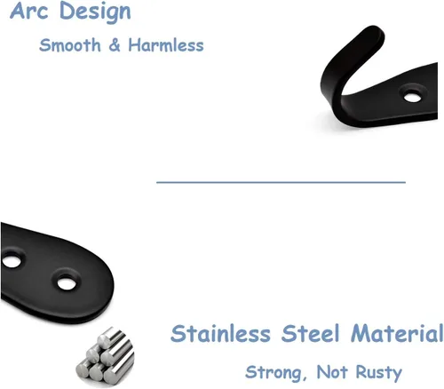 Miniatura 4 de Ganchos para puerta de pared, paquete de 8 perchas negras para chaquetas, montaje en pared, de acero inoxidable, gancho individual para bata, Negro