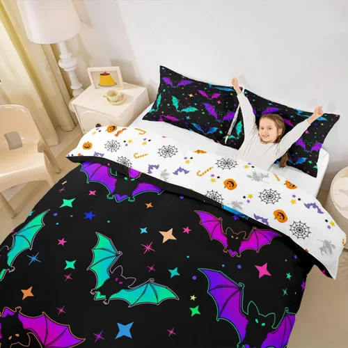 Miniatura 3 de Erosebridal Juego de ropa de cama de murciélago de Halloween, tamaño individual, con purpurina y estrellas, galaxia, funda de edredón para niños