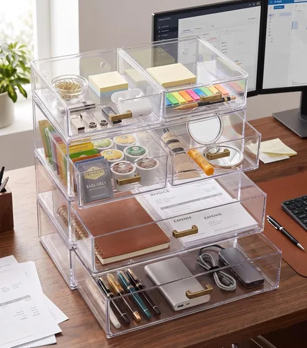 Miniatura 2 de LALOBLUE Cajones de almacenamiento apilables, paquete de 6 cubos organizadores de acrílico transparente con asas doradas, cajones de plástico