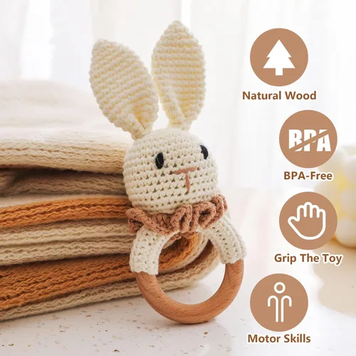 Miniatura 2 de Sonajero de madera para bebé,Sonajero de conejo de ganchillo con anillo de madera, Juguete de sonajero de animales de madera para recién Conejito-1