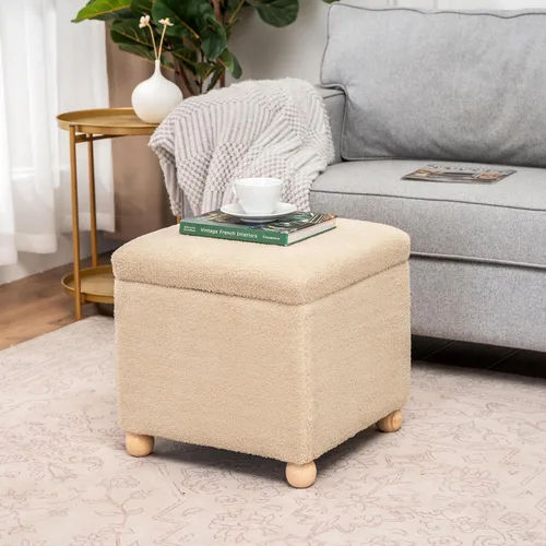 Miniatura 18 de Adeco Otomán Cubo de Piel Sintética Blanca de 18 Pulgadas de Alto con Almacenamiento, Taburetes Reposapiés de Silla de Terciopelo en Relieve 3D