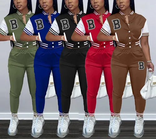 Miniatura 4 de Conjunto de 2 piezas para mujer, de manga larga, chaqueta de béisbol, pantalones deportivos con botones