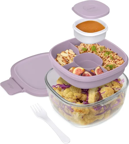 Miniatura 12 de Bentgo Recipiente de Ensalada de Vidrio Todo en Uno - Ensaladera Grande de 61 oz con Tapa, Bandeja Estilo Bento de 4 Compartimentos, Recipiente