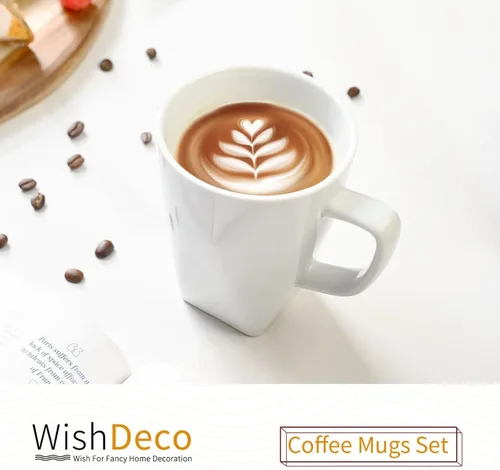 Miniatura 2 de WishDeco Juego de 6 tazas de café blancas, tazas de café de cerámica de 14 onzas, tazas de té modernas, tazas de té de porcelana, taza grande