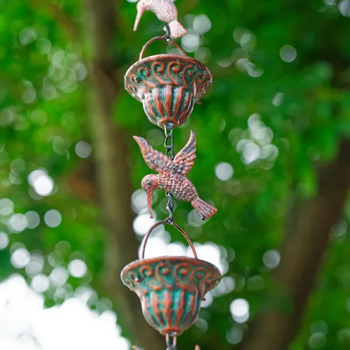 Miniatura 4 de Cadena de lluvia para canalones, cadenas de lluvia de 8.7 pies con 12 tazas y decoración de colibrí desmontable, cadena de captura de lluvia Colibrí
