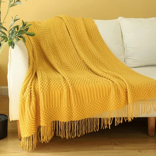 Miniatura 12 de Blagic Manta de punto para sofá, manta suave de estilo bohemio para otoño con borlas, manta ligera decorativa para el hogar, manta beige para cama