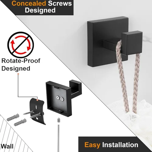 Miniatura 6 de Nolimas Gancho para toallas de baño de acero inoxidable a prueba de óxido, gancho para toallas para colgar en la pared, cuadrado para inodoro, Negro
