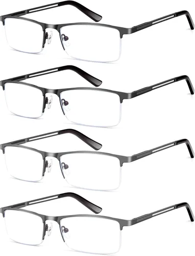 HIGHLIKE Gafas de lectura con luz azul para hombre, lentes de lectura de medio marco de metal, bisagra de resorte, lentes transparentes con bolsas