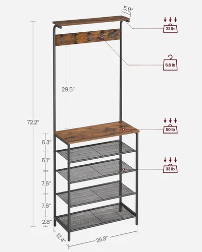 Miniatura 3 de VASAGLE Perchero de Pie con Banco para Zapatos, Perchero Banco para Zapatos, Zapatero de 5 Niveles de Diferentes Alturas, 5 Ganchos Dobles, Estante