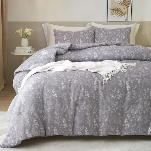 Miniatura 41 de Juego de funda de edredón blanca con estampado floral azul, juego de ropa de cama de algodón suave estilo bohemio, juego de ropa de cama estética