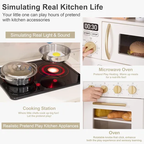 Miniatura 3 de inFUNSAME Cocina de madera para niños con luces, sonido, máquina de hielo y 19 accesorios, juego de cocina todo en uno con fregadero, horno