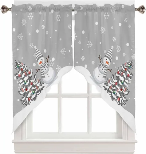 Miniatura 8 de BEMIGO Cortinas de cocina de Navidad, lindas cortinas de granja con muñeco de nieve azul, cenefa con bolsillo para barra de copos de nieve