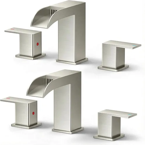 Miniatura 25 de FORIOUS Grifos cuadrados de baño de níquel cepillado y negro de 3 agujeros, cascada de 8 pulgadas, grifo de lavabo de baño con drenaje emergente