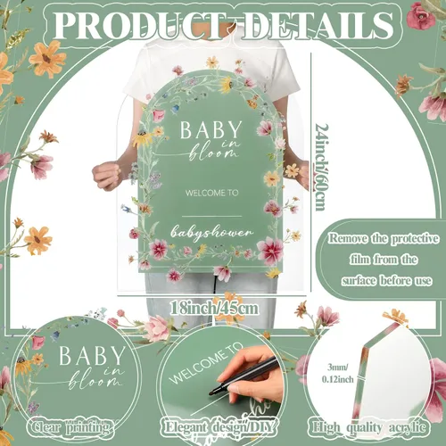 Miniatura 2 de Yousoontic Letrero de bienvenida de acrílico para baby shower, de 24 x 18 pulgadas, letrero de bienvenida de flores silvestres con flores silvestres