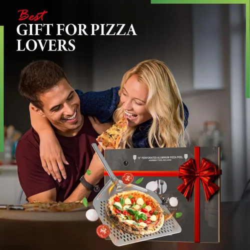 Miniatura 5 de The Italian Kitchen - Pala perforada para pizza, pala profesional de metal de 13 x 16.7 pulgadas, 27.3 pulgadas en total, funciona con todos