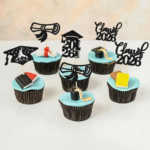 Miniatura 7 de 24 piezas 2026 decoraciones para cupcakes de graduación 2026 con purpurina clase de 2026 para graduación de graduación para felicitaciones 2026