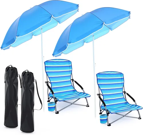 Miniatura 15 de Huwena Paquete de 2 sillas de playa con paraguas para adultos, juego de sillas plegables bajas, paraguas desmontable ajustable, ligero portátil