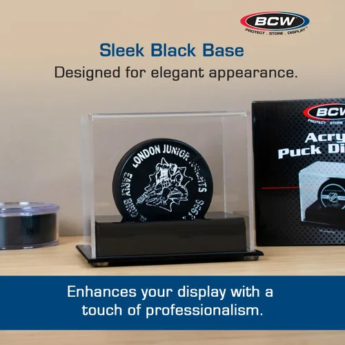 Miniatura 4 de BCW Estuche de exhibición de discos de hockey acrílico, paquete de 3, soporte de disco de lujo con base negra y cubierta transparente, perfecto
