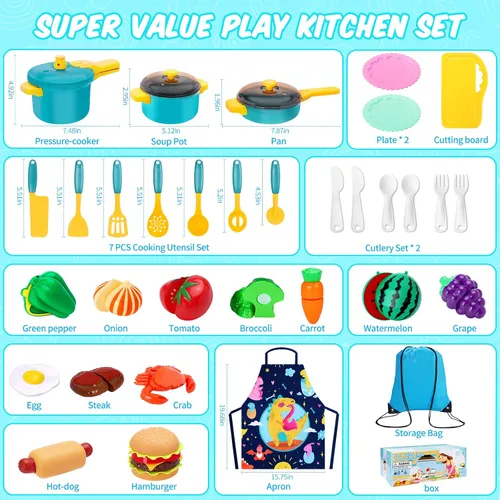 Miniatura 7 de Juego de accesorios de cocina para niños, juego de juguetes de cocina para niños, juego de juguetes de cocina para niños pequeños, ollas y sartenes