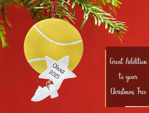 Miniatura 4 de Adorno de Navidad personalizado de tenis 2025 Adorno de pelota de tenis con zapatillas y estrella para árbol de Navidad Regalo de recuerdo único