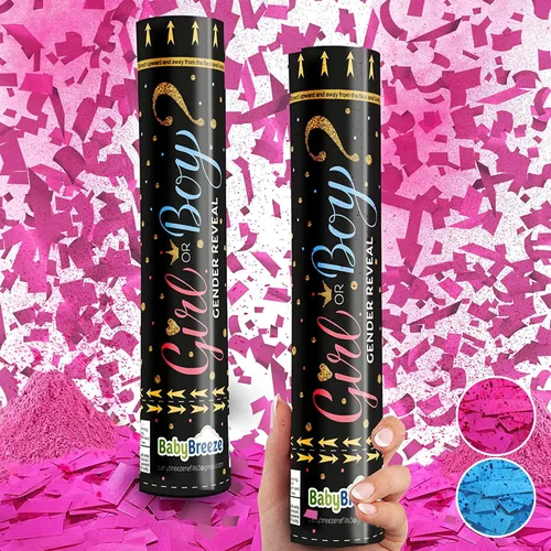 Miniatura 7 de BabyBreeze Cañones de polvo de confeti para revelación de género biodegradables, bebé niño azul, bebé niña rosa, revelación de género, ¿será niño