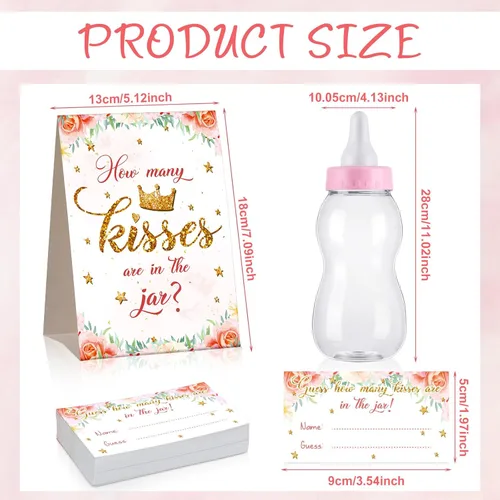 Miniatura 3 de Fuutreo 52 piezas de Baby Shower Game Guess How Many Kisses Favors Incluye un biberón grande de pie con 50 tarjetas pequeñas, decoraciones florales