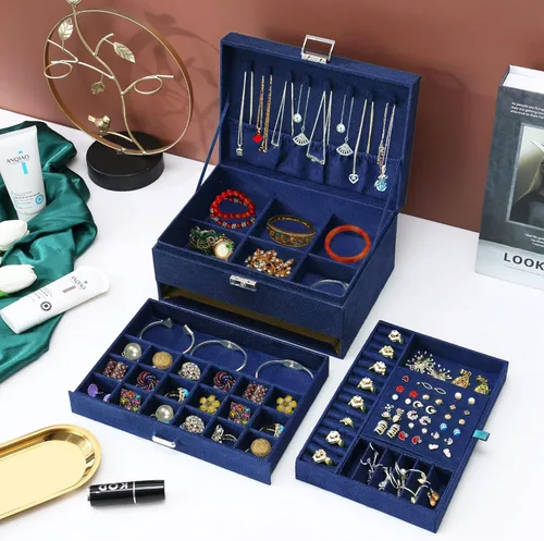 Miniatura 4 de Joyeros para mujer, organizador de joyas de terciopelo azul marino con cerradura, organizadores de joyas para adolescentes, organizador de joyas
