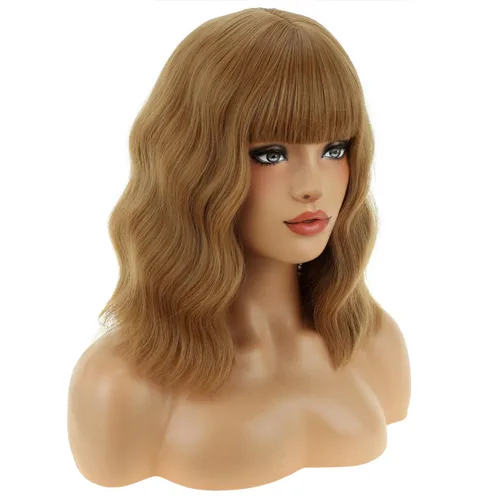 Miniatura 3 de BERON 14 Inches Ash Blonde Wig with Bangs Short Curly Wig Short Ash Blonde Bob Synthetic Wigs for Women Daily Halloween Party or Cosplay Hairnet