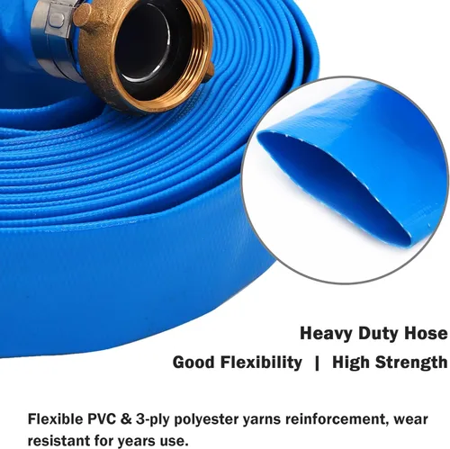 Miniatura 6 de Manguera de descarga plana de PVC de 1.5 pulgadas de diámetro interior x 100 pies con orejeta de pasador NPT y accesorios de pezón KC, mangueras