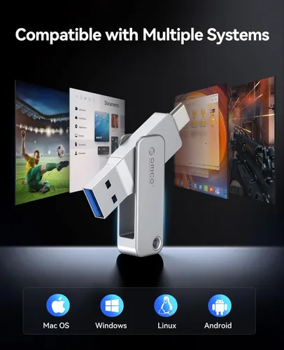 Miniatura 3 de ORICO Unidad flash USB dual de 64 GB USB-C y USB-A Mini velocidad de lectura de hasta 150 MB/s para iPhone 15/16/17, Android, tabletas, portátiles