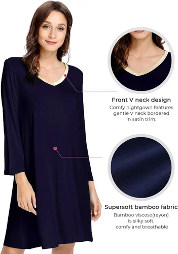 Miniatura 4 de GYS Camisones para mujer, pijamas de bambú suave, camisas de noche de manga larga, ropa de dormir cómoda