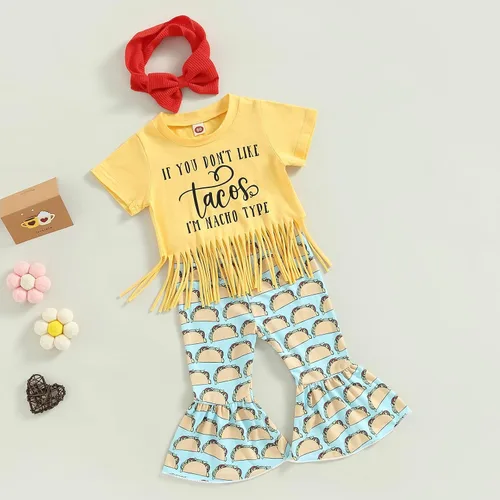 Miniatura 58 de fhutpw Conjunto de camiseta de manga corta con estampado de vaca y pantalones acampanados de dibujos animados para niñas