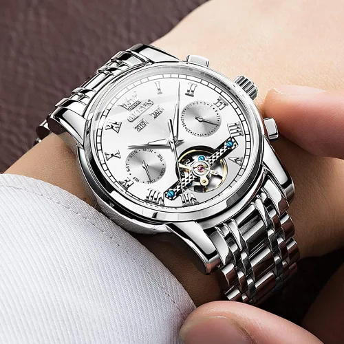 Miniatura 6 de OLEVS Relojes automáticos de cuerda automática para hombre, fecha y día, calendario, relojes de acero inoxidable, movimiento esquelético