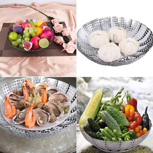 Miniatura 5 de Cesta de vapor para verduras, cesta plegable para vaporizar, inserto de cesta de vapor plegable de metal de acero inoxidable, para cocinar