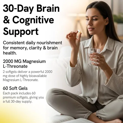 Miniatura 3 de Suplemento de magnesio L-treonato de 2000 mg geles suaves para un mejor sueño - Suplementos cerebrales para memoria y concentración - Soporte
