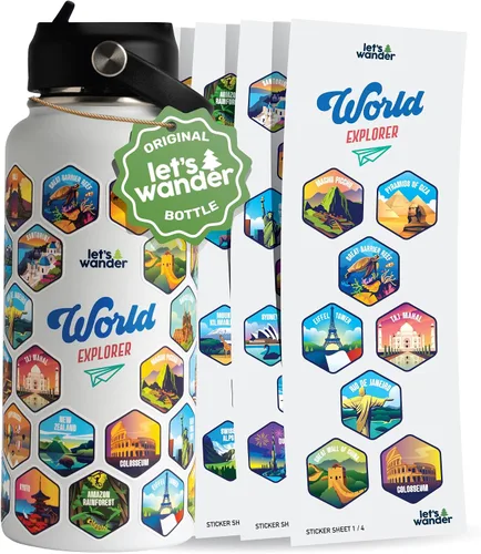 Miniatura 8 de LET'S WANDER - Botella de agua para aventureros del mundo con 50 pegatinas impermeables - 32 onzas, botella de acero inoxidable aislada y a prueba