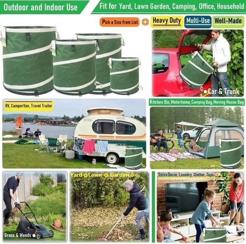 Miniatura 2 de Bote de basura plegable de 16 galones (16 x 19 pulgadas), bolsa de jardín con parte inferior de carcasa dura, contenedor de reciclaje emergente
