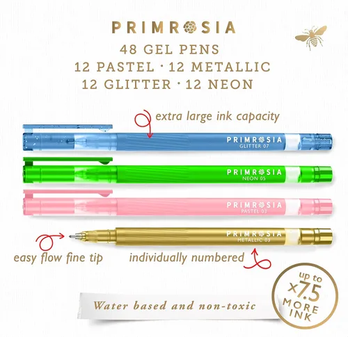 Miniatura 3 de Primrosia 48 bolígrafos de gel con purpurina, incluidos metálicos, pastel y fluorescentes, para libros de colorear y bolígrafos de diario