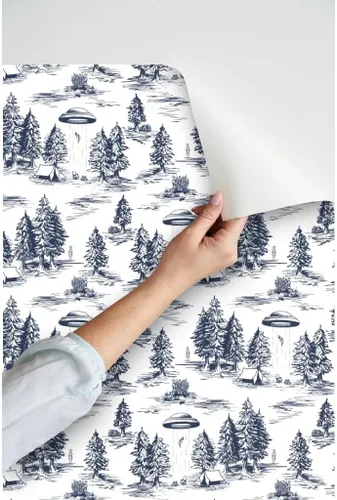 Miniatura 3 de Despegar y pegar papel pintado Swatch - UFO Toile Alien pequeña escala azul blanco espacio caprichoso papel pintado personalizado extraíble por
