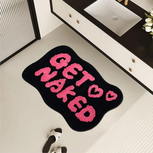Miniatura 5 de Alfombra de baño con texto en inglés "Get Naked", alfombra de baño divertida, suave, antideslizante, bonita, divertida decoración de baño para Negro