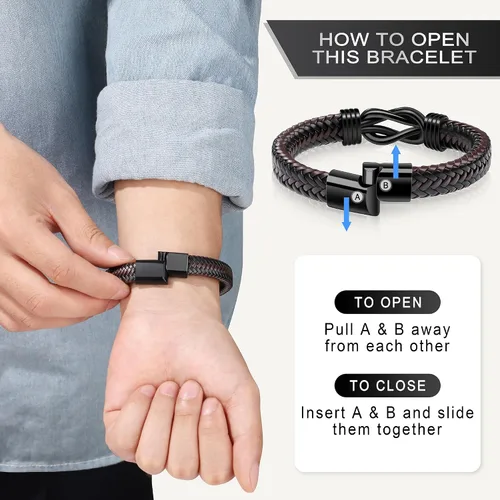 Miniatura 6 de Pulseras de nudo JoycuFF Regalos para hombres Marrón cuero trenzado acero inoxidable pulseras de infinito con inscripción Amor eterno Regalos