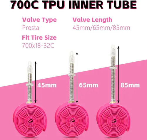 Miniatura 8 de Paquete de 4 tubos interiores ultraligeros de TPU para bicicleta, 700X18C/23C/25C/28C/30C/32C, válvula Presta de 45/65/3.346 in, color rosa