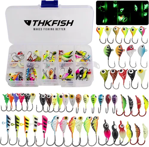 THKFISH Plantillas de pesca en hielo, 54 piezas de señuelos de pesca en hielo brillante, equipo de pesca en hielo para pesca en hielo para Crappie