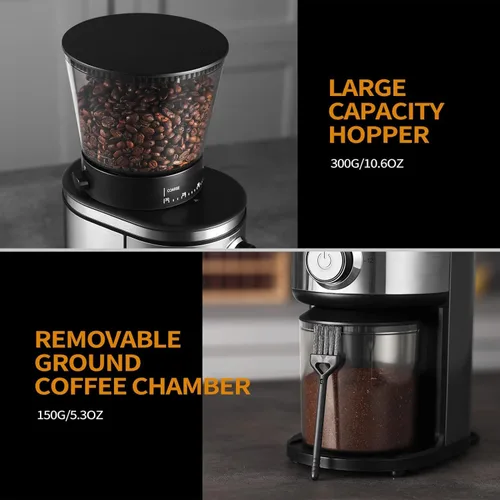 Miniatura 13 de Ollygrin Molinillo de café de rebabas, molinillo de café cónico eléctrico con 30 ajustes de molienda ajustables para 2-12 tazas, plateado y negro
